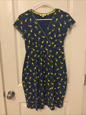 Boden Navy Dress with Yellow Lemon Detail and Green Trim